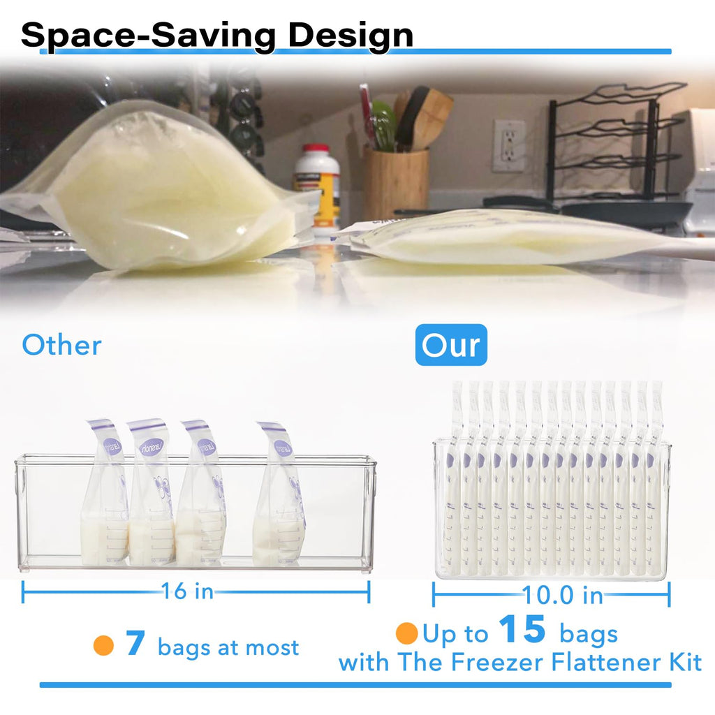 Breastmilk Storage Container with 4 Freezer Flattener Kit to Flatten Standing Breast Milk Bags in Organizer Bins Save Refrigerator Space |Vertical Storage