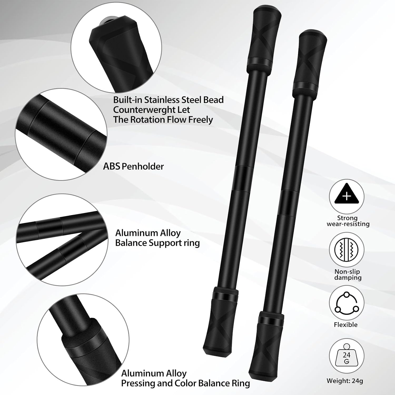 2 Pieces Pen Spinning Spinner Pen Gaming Pen Spinning Mod Gaming Spinning Pens Flying Spinning Pen Finger Rotating Pen for Kids Adults Office Supplies with Instruction Manual (Black)