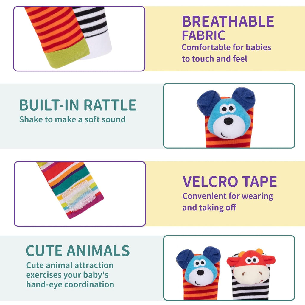 4 Pack Baby Wrist Rattles - Animal Socks Set for Toddlers 1-3, Early Learning Toys