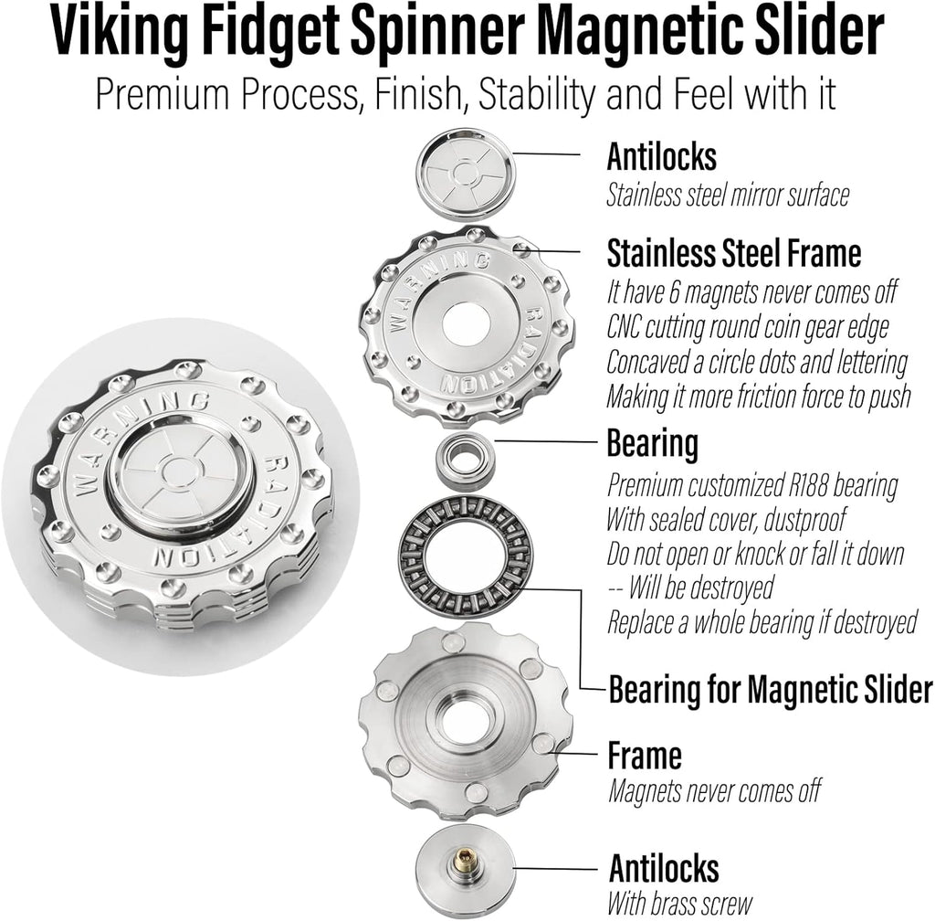 FREELOVE Metal Fidget Spinner Magnetic Slider, Spinning Haptic Clicker, Heavy Stainless Steel Spin Clicky, Small Round Gear Click Gyro, Premium Silent Bearing, Adults Anxiety Cool, Nuc Silver