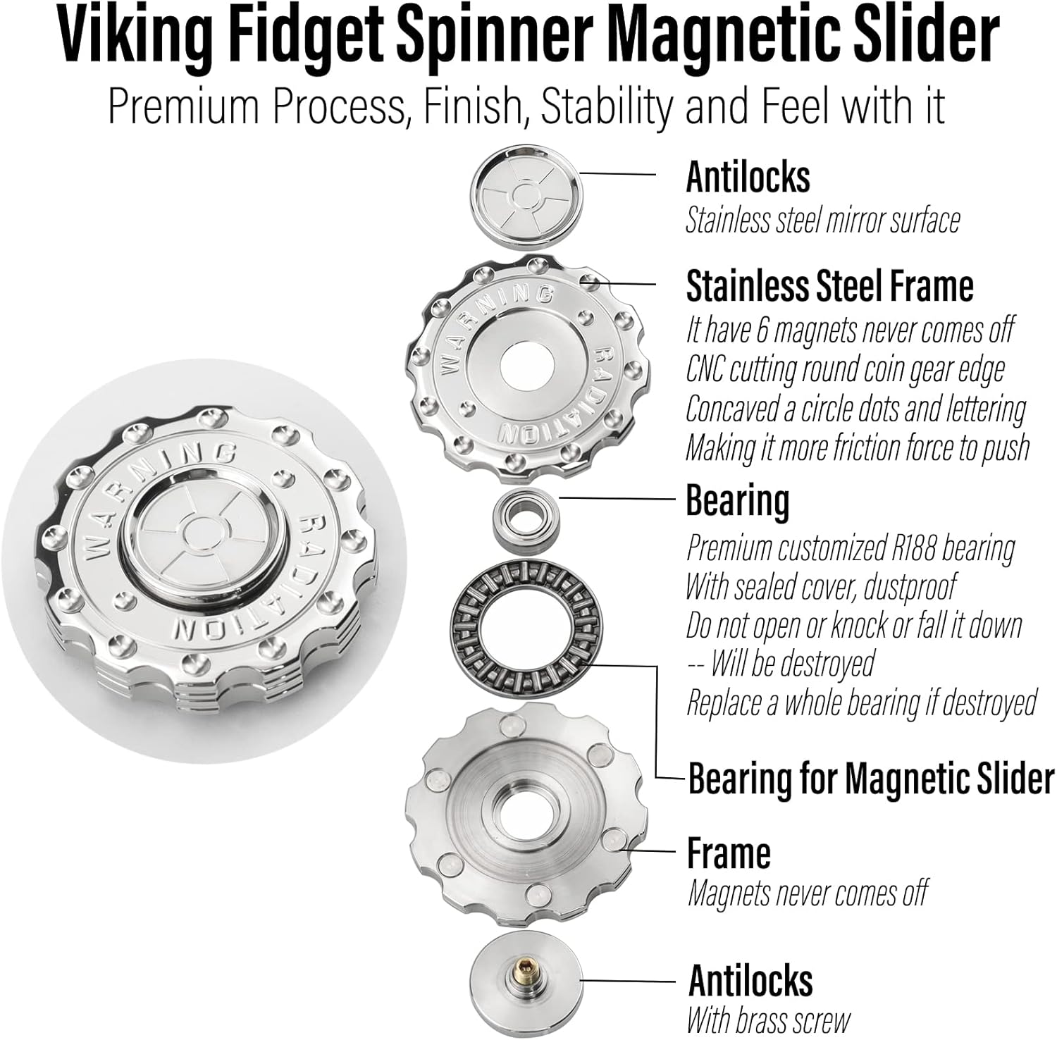 FREELOVE Metal Fidget Spinner Magnetic Slider, Spinning Haptic Clicker, Heavy Stainless Steel Spin Clicky, Small Round Gear Click Gyro, Premium Silent Bearing, Adults Anxiety Cool, Nuc Silver