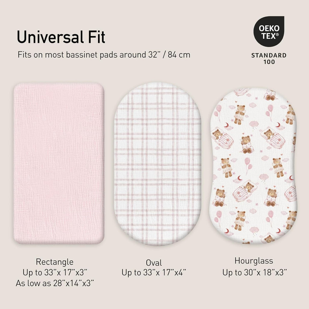 Gllquen Baby Muslin Bassinet Sheets 3 Pack, Breathable Elastic Cozy Fitted Cotton Bassinet Mattress Sheet for Baby Boy Girls, Fit for Hourglass Oval Rectangular Cradle Pad Sheets 33"x17" (Bear Dream)
