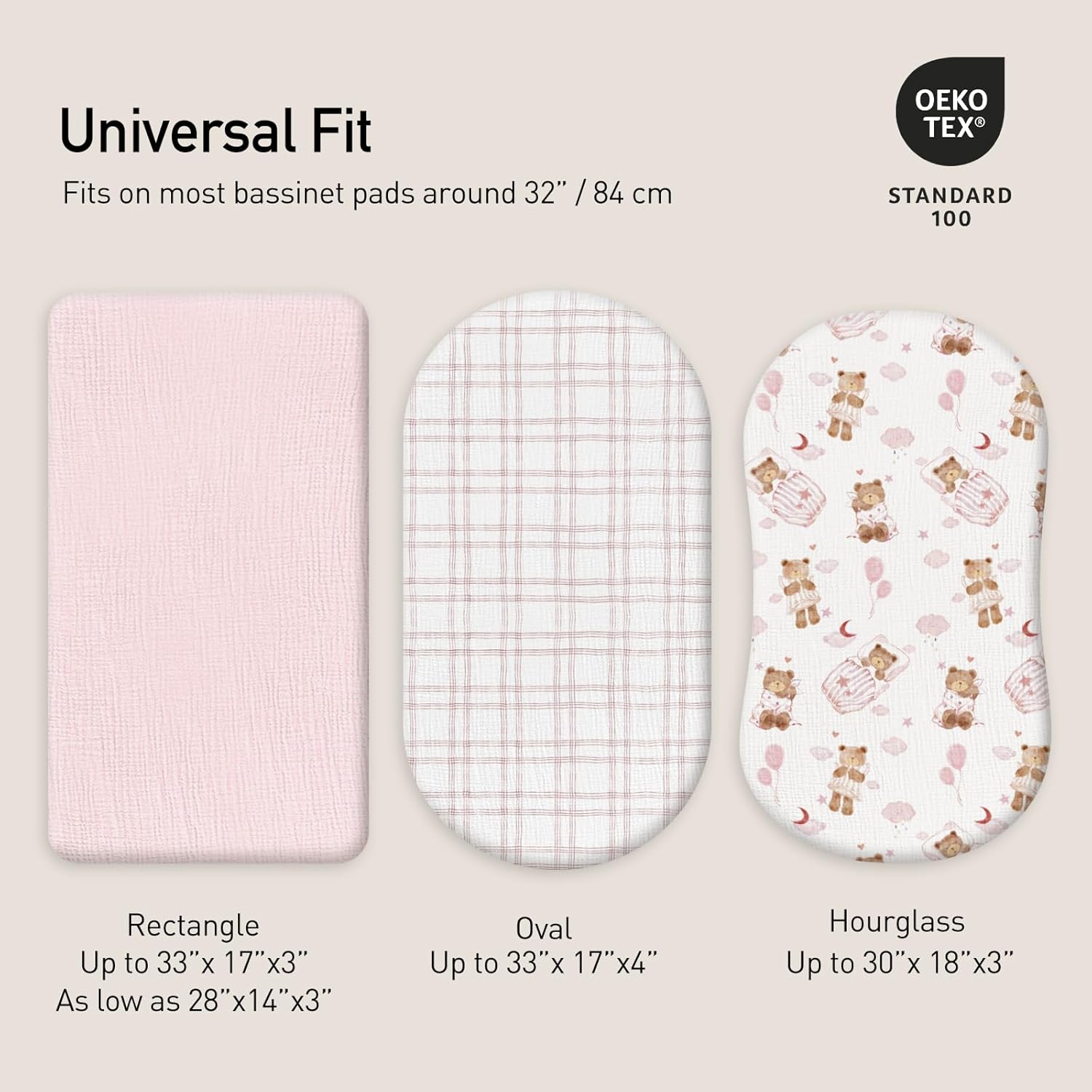 Gllquen Baby Muslin Bassinet Sheets 3 Pack, Breathable Elastic Cozy Fitted Cotton Bassinet Mattress Sheet for Baby Boy Girls, Fit for Hourglass Oval Rectangular Cradle Pad Sheets 33"x17" (Bear Dream)