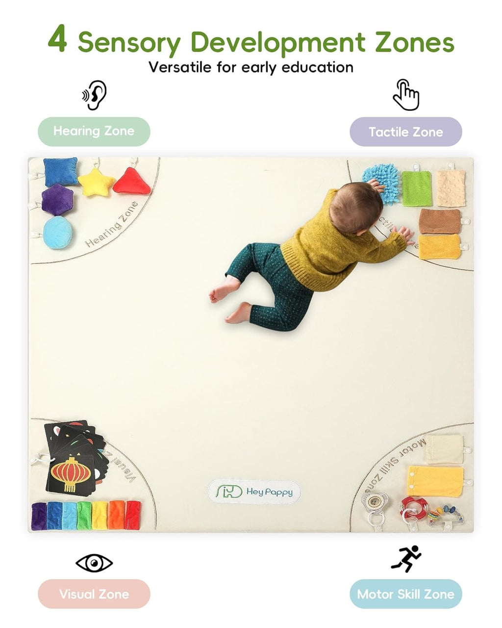 Baby Play Mat, Unique Crawling Mats with 4 Sensory Development Zones for Motor Skills, 50''x50'' Playpen Mats with Non-Slip Cushioned that Fits Nicely Into Any Playroom, Beige