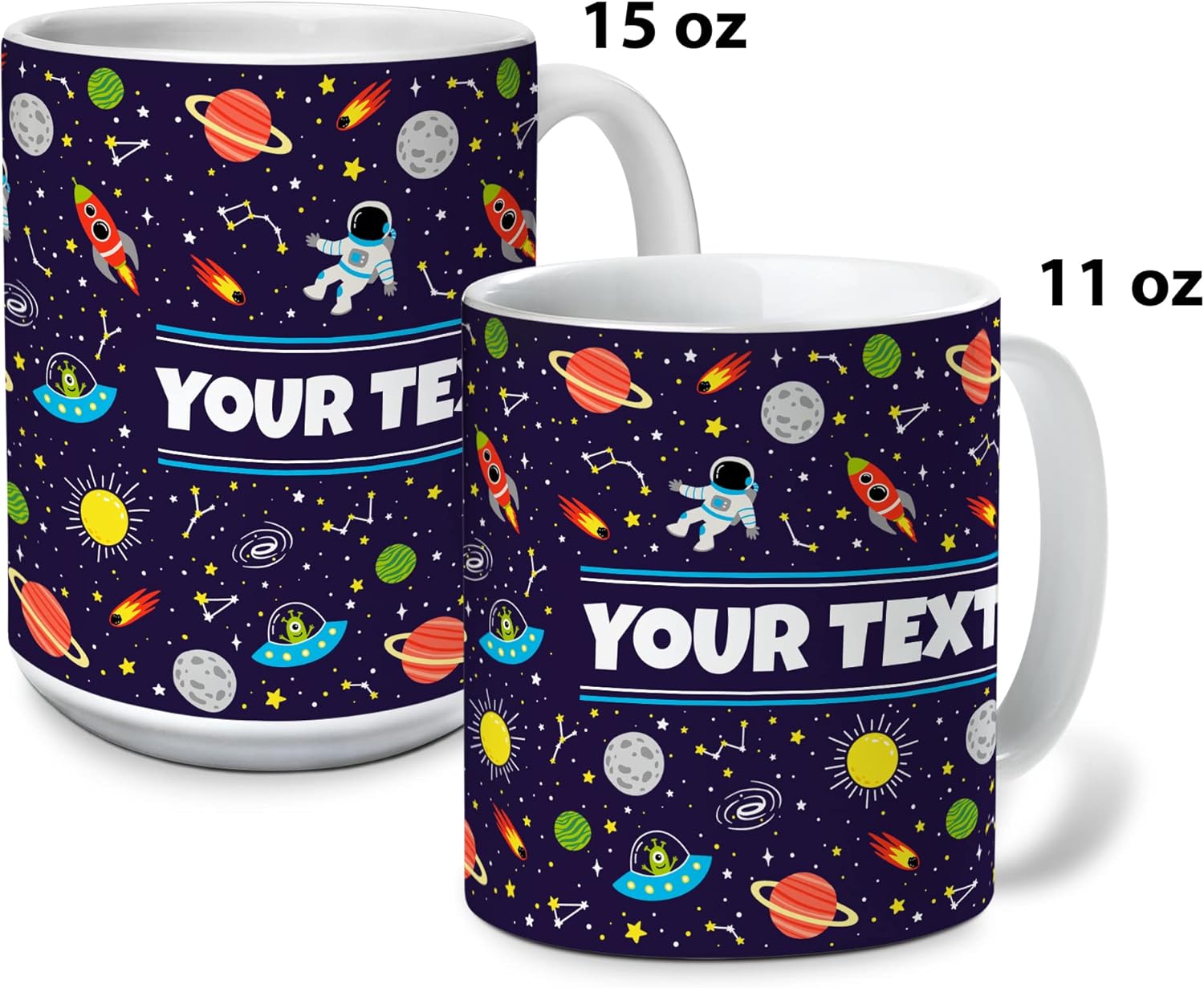 Personalized Mug for Kids - Outer Space - Custom Name/Text, Ceramic Hot Chocolate/Cocoa/Coffee Cup for Boys/Girls, Birthday/Christmas/Holiday Gift - 11 oz, Pink Handle