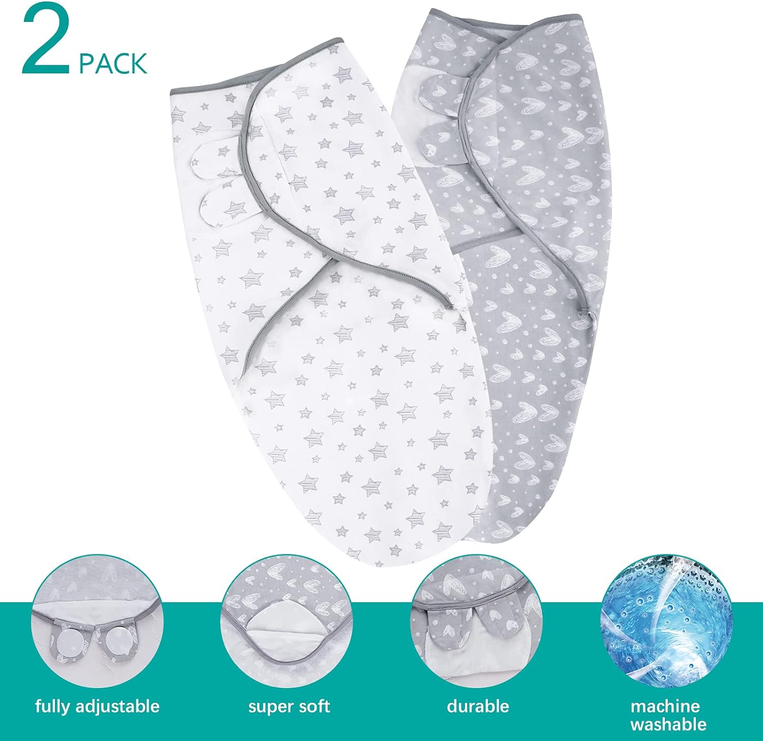 Biloban Baby Swaddles 0-3 Months for Boy & Girl, Cotton Swaddle Blanket, Newborn Essentials, Lovely Grey Print, 4 Pack