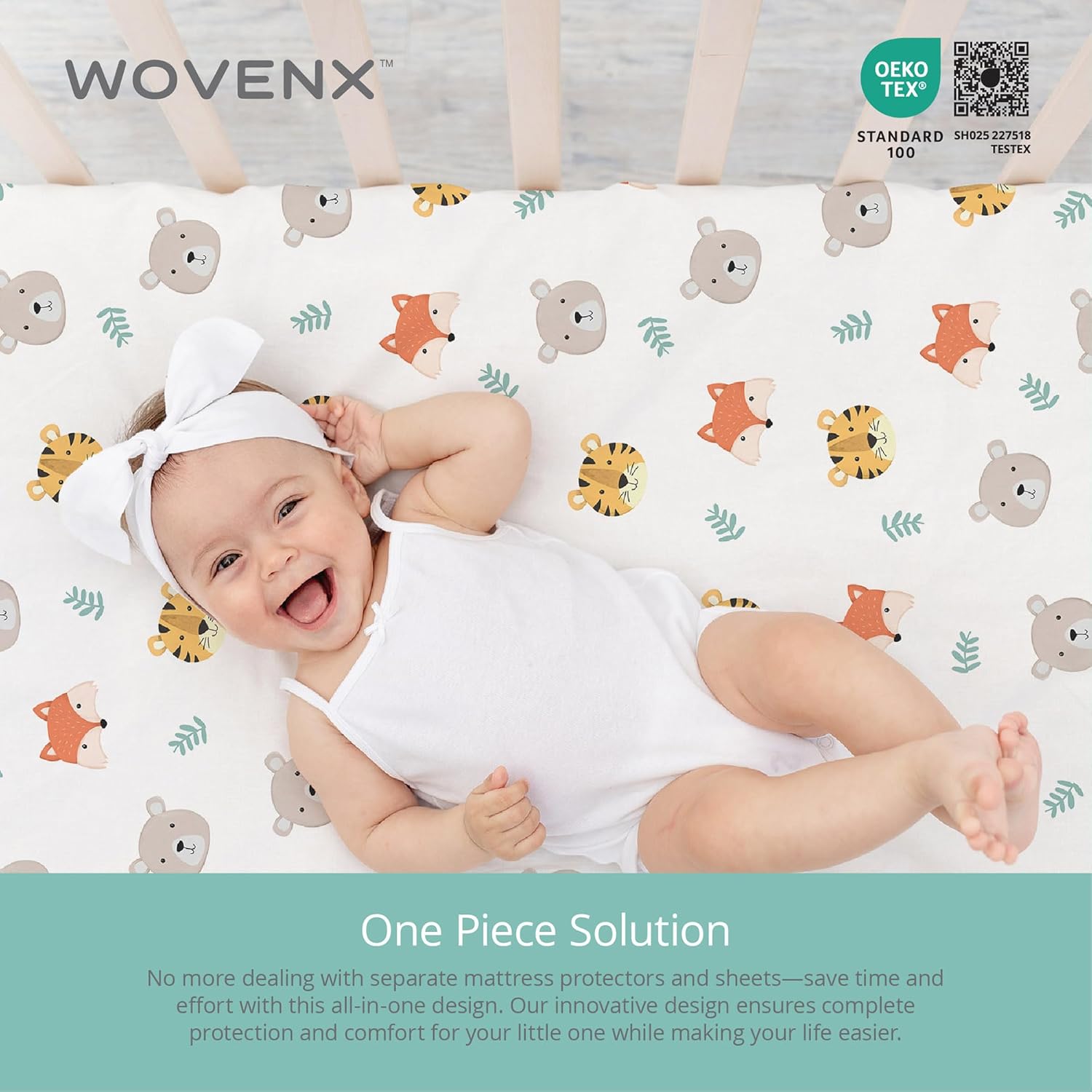 Organic All in One Crib Sheet and Mattress Protector - Waterproof Protectors - Reusable Washable – Fits Cribs – 52”x28”- with 9” Skirt Tiger Bear Fox