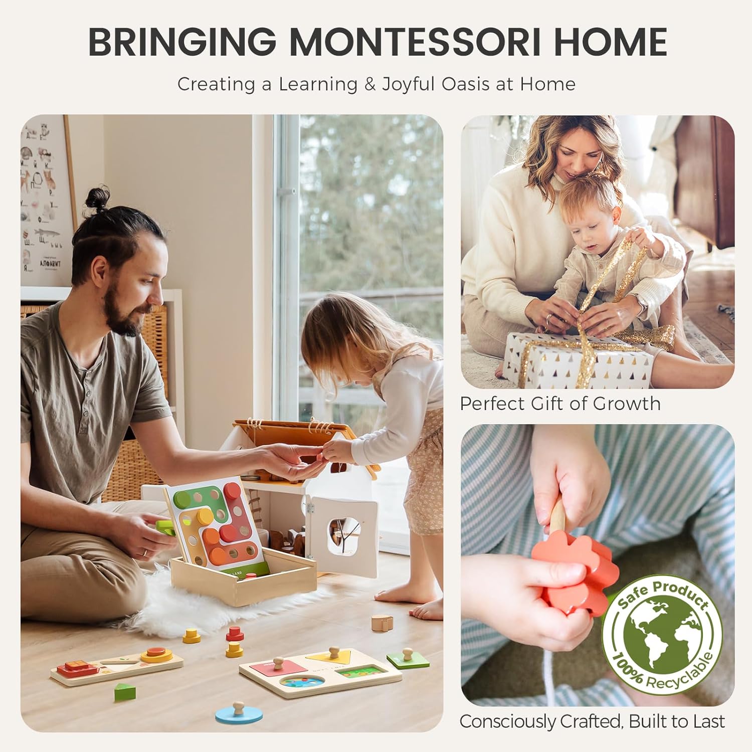 Tiny Land Montessori Toy Set for Babies 18-24 Months Investigator Play Kit- 4-in-1 Wooden Learning Toys with Color Sorting, Lacing Beads, Shape Matching, and Seasons Puzzles