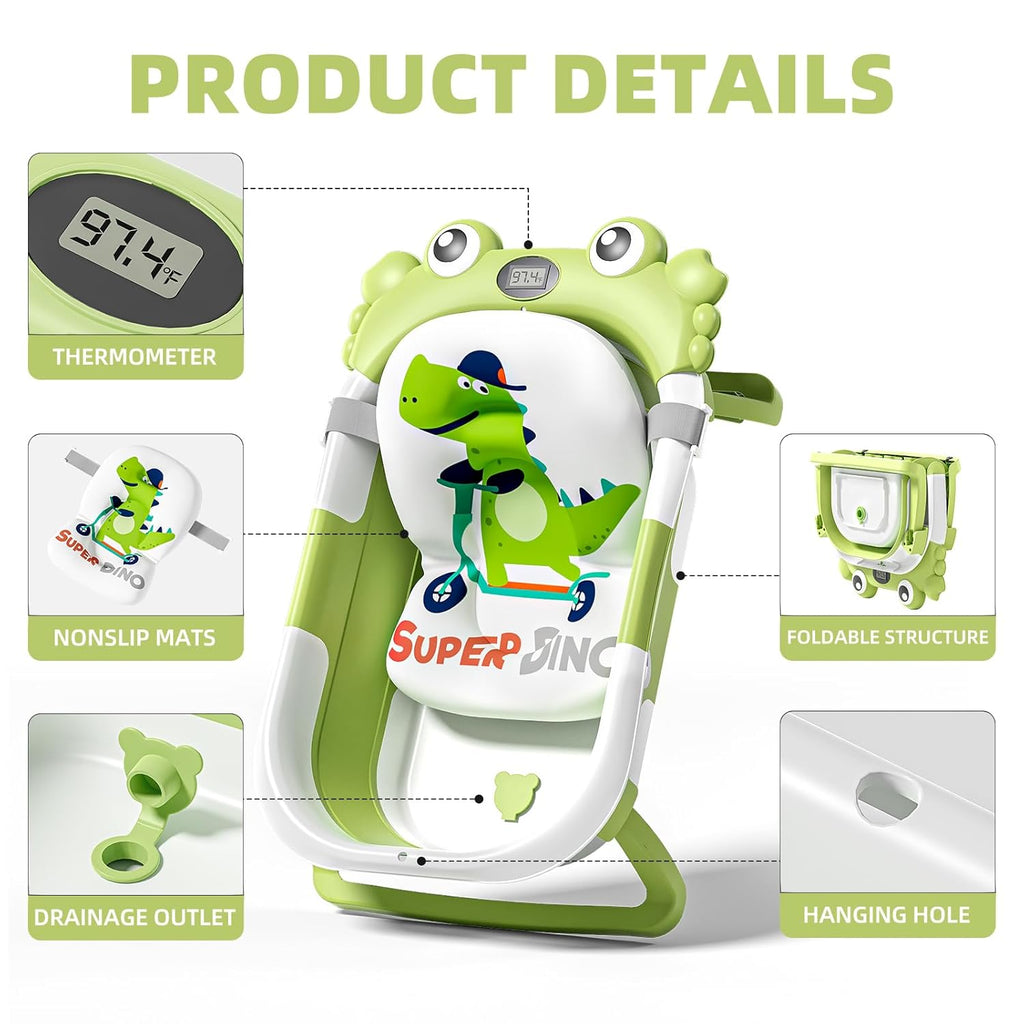 Collapsible Baby Bathtub for Newborns to Toddler with Real-time Temp Monitor & Floating Cushion,Portable Travel Tub for 0-36 Month, Foldable Baby Bath Tub for Infants(Green)