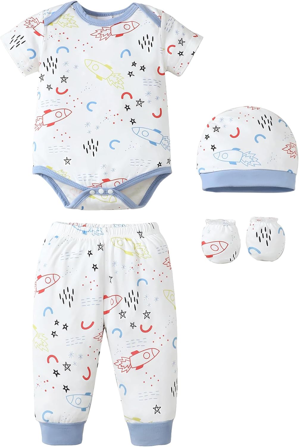 NZRVAWS Newborn Baby Boy Girl Clothes Unisex Infant Romper Pants Set Hat 4-Pack Outfits 0-12 Months 16 Pieces Toddler