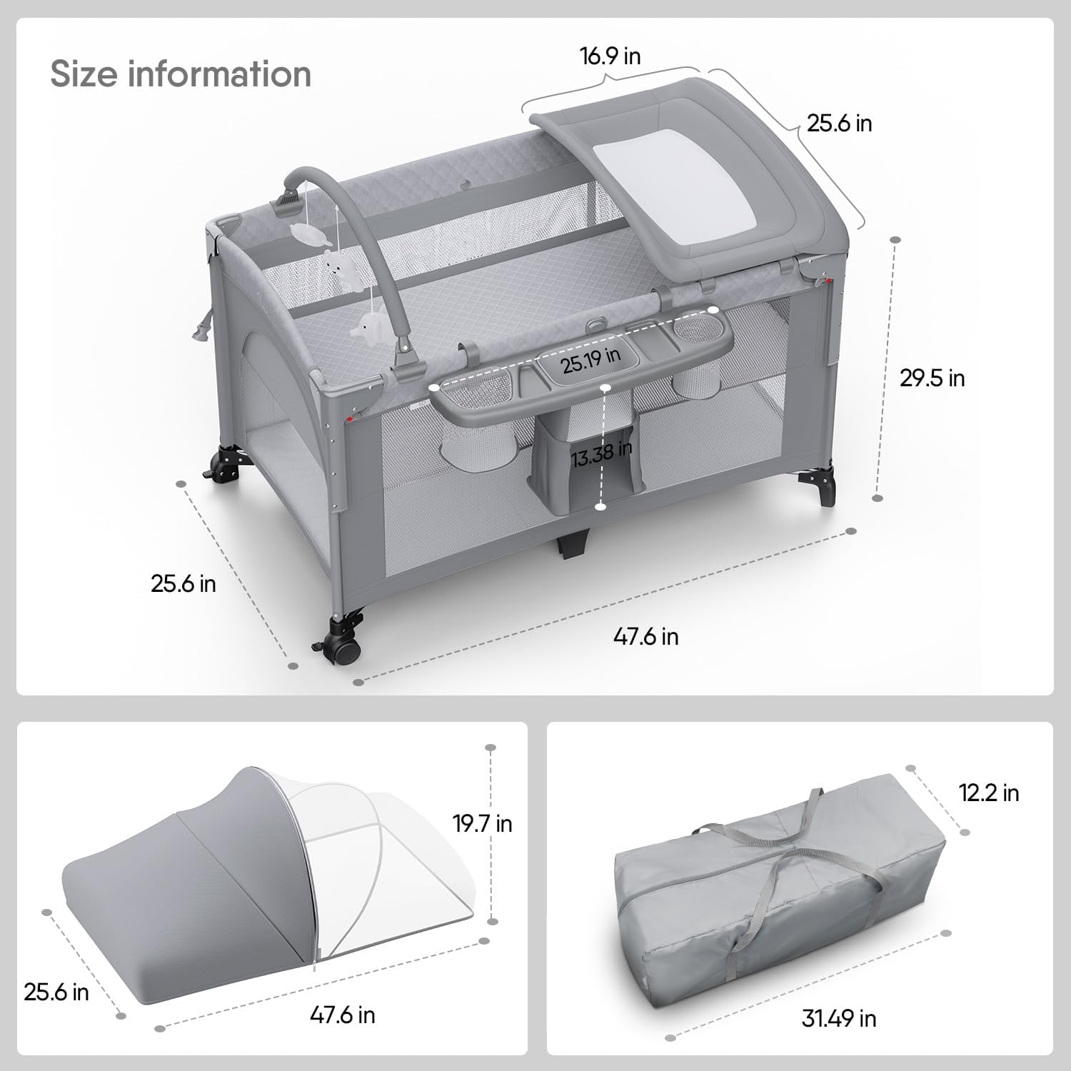 4 in 1 Baby Bassinet, Pack and Play, Bedside Crib Sleeper, Diaper Changer - Comes with Mattress, Mosquito Net，Bottom Storage and Toy Bar for Newborn to Toddles