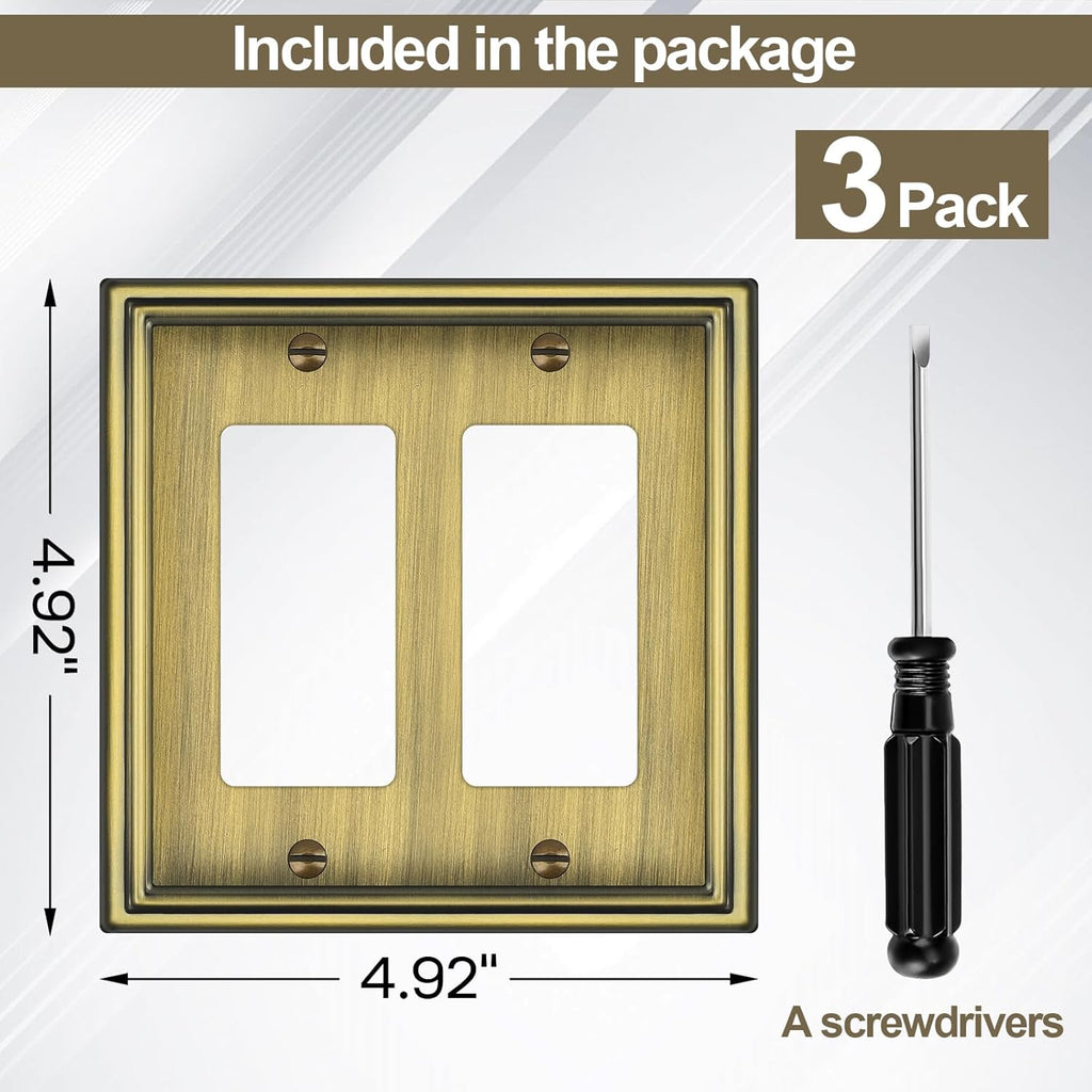Double Decorator Switch Covers Wall Plate, Antique Brass Decorative Rocker Switch Plates Outlet Covers for Receptacle, GFCI Outlet, Dimmer - Classic Style, 3 Pack