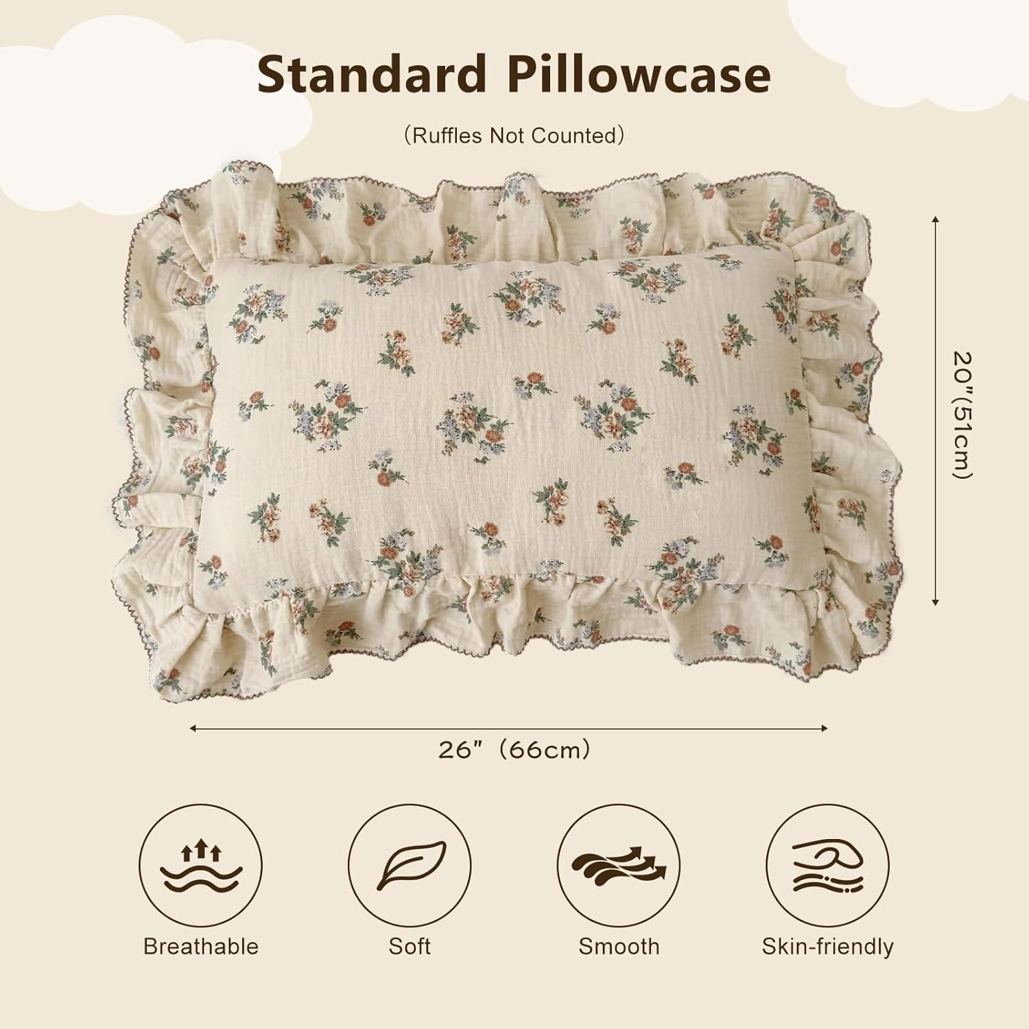 BuLuTu Kids Toddler Muslin Pillowcase Girls Boys Shabby Chic Floral Pillow Cases for Standard Pillow 20"x26", Kids Cotton Pillow Covers, 1 Pack, Envelope Closure, Machine Washable