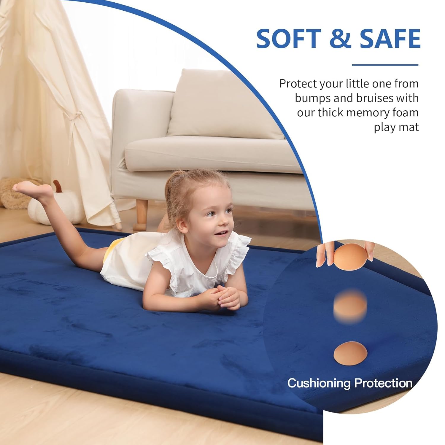 Baby Play Mat for Floor,1.3" Thick Elasti-Foam 74×50 Playpen Mat for Toddlers Infant kids,Water-Repellent Soft Coral Velvet for Tummy Time, Non-Slip Backing for Crawling,Tatami Style(Dark Blue)