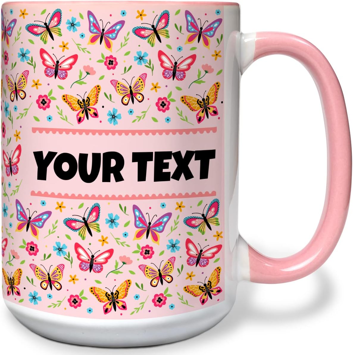 Personalized Mug for Kids - Butterflies - Custom Name/Text, Ceramic Hot Chocolate/Cocoa/Coffee Cup for Girls, Birthday/Christmas/Holiday Gift - 15 oz, Pink Handle