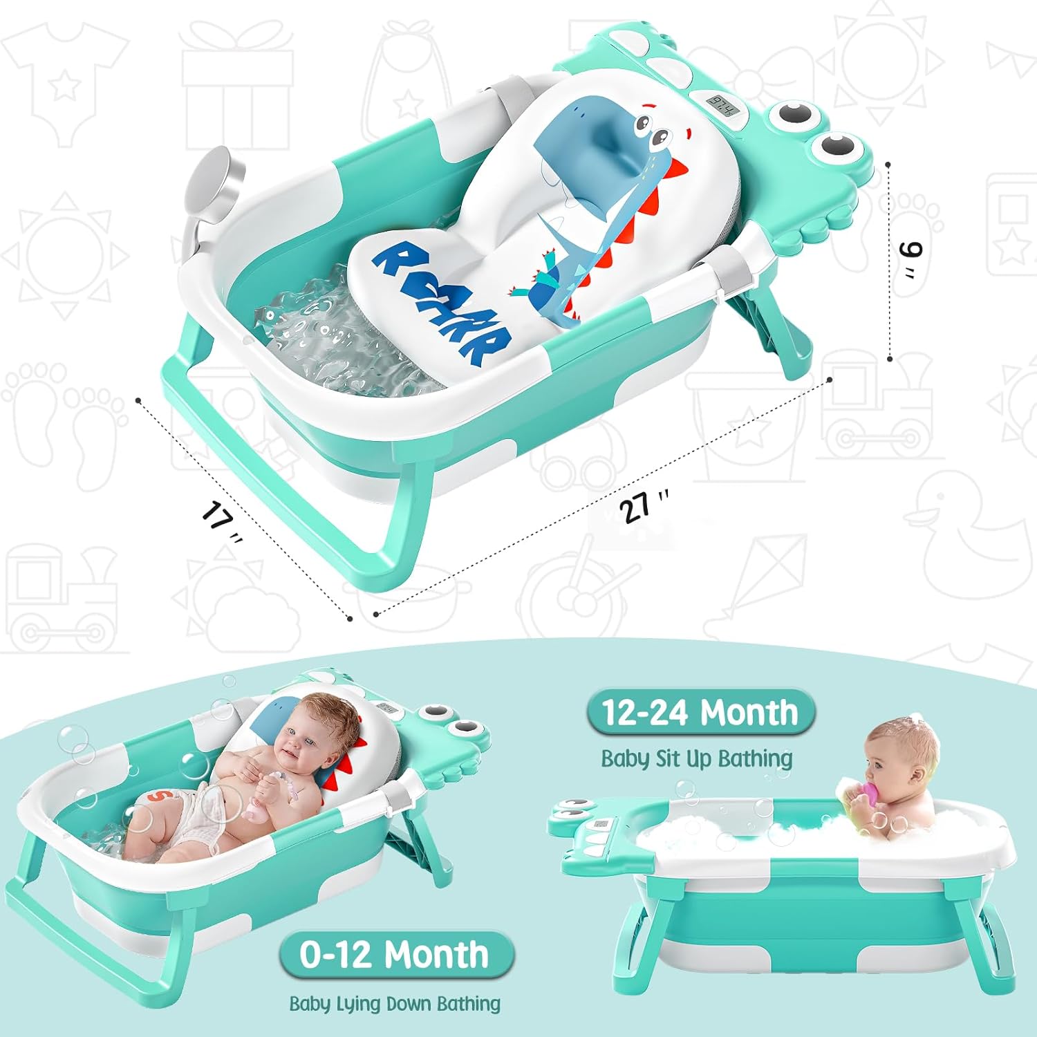 TPN Collapsible Baby Bathtub, Baby Bath Tub with Soft Cushion & Real-Time Thermometer, Baby Bathtub Infant to Toddler Tub (0-36 Months), Portable Newborn Travel Bath tub