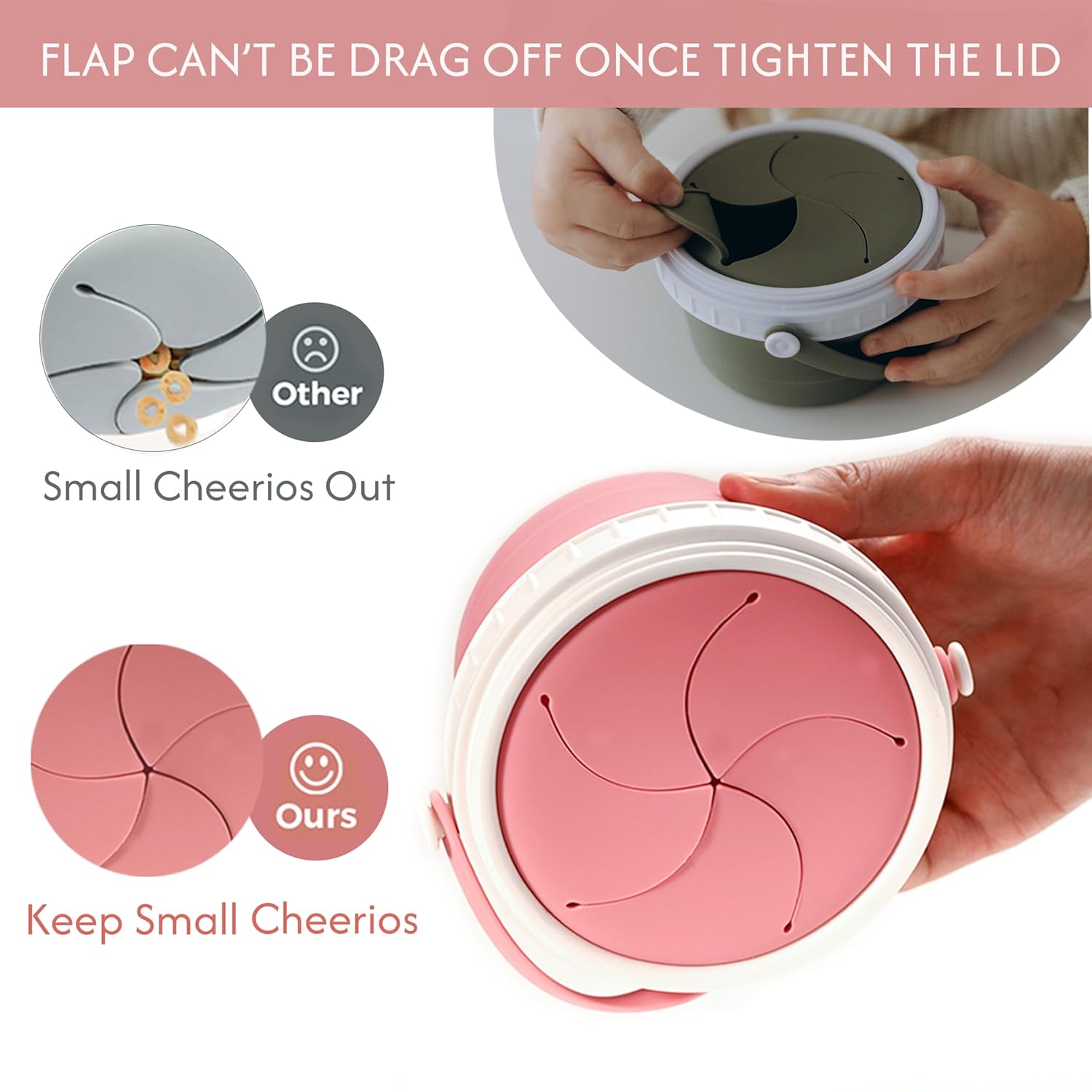 No Spill Silicone Toddler Snack Containers, Detachable Silicone Flap for Filling&Cleaning, Crumb-Free Hard Plastic Screw Travel Lid, Ultra-Soft for Baby Kids Hand In-Out, Snack Cup Holder 12 oz