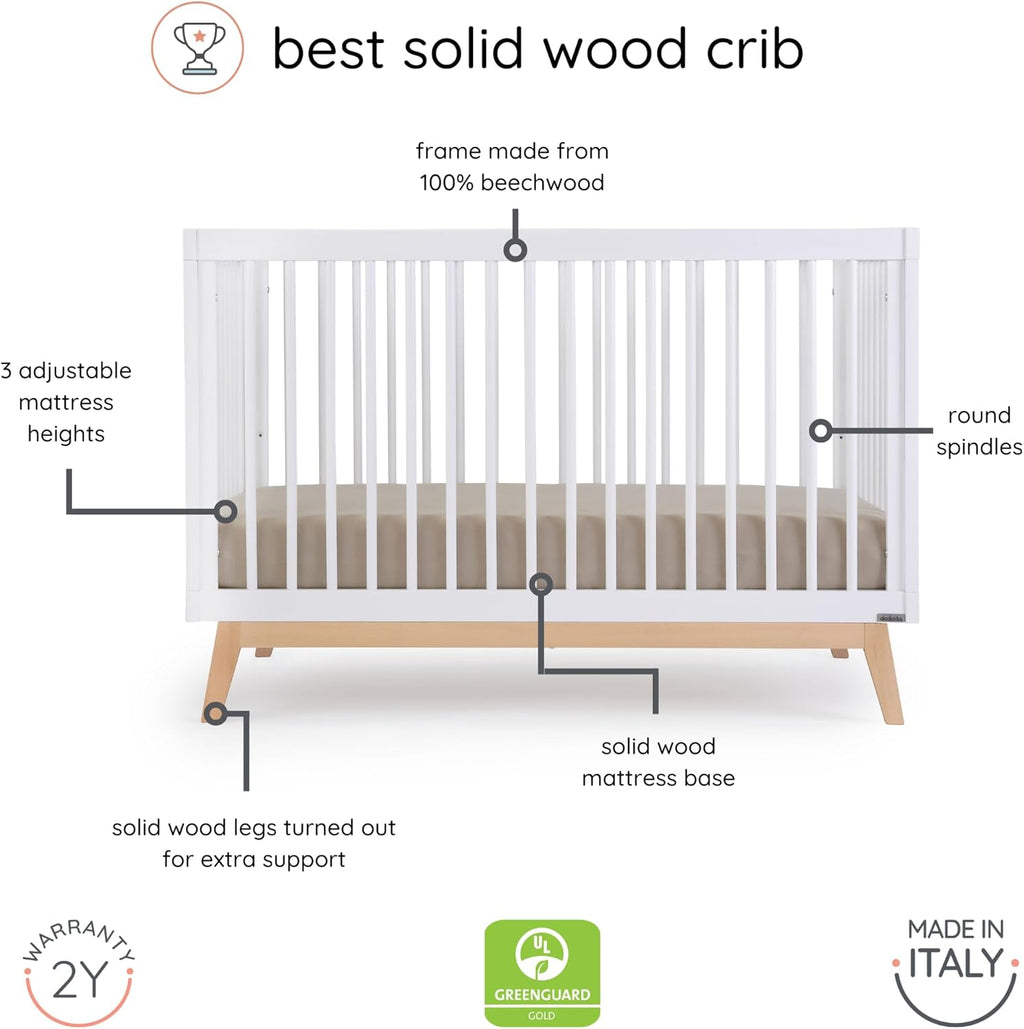 dadada Baby Soho 3-in-1 Convertible Wooden Crib to Toddler Bed - Made in Italy, GREENGUARD Gold Certified, Baby-Safe Finish, Sustainable Beech Wood, Modern Design, 3 Adjustable Heights (White/Natural)
