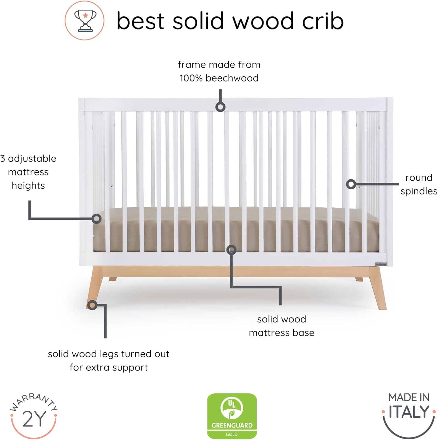 dadada Baby Soho 3-in-1 Convertible Wooden Crib to Toddler Bed - Made in Italy, GREENGUARD Gold Certified, Baby-Safe Finish, Sustainable Beech Wood, Modern Design, 3 Adjustable Heights (White/Natural)
