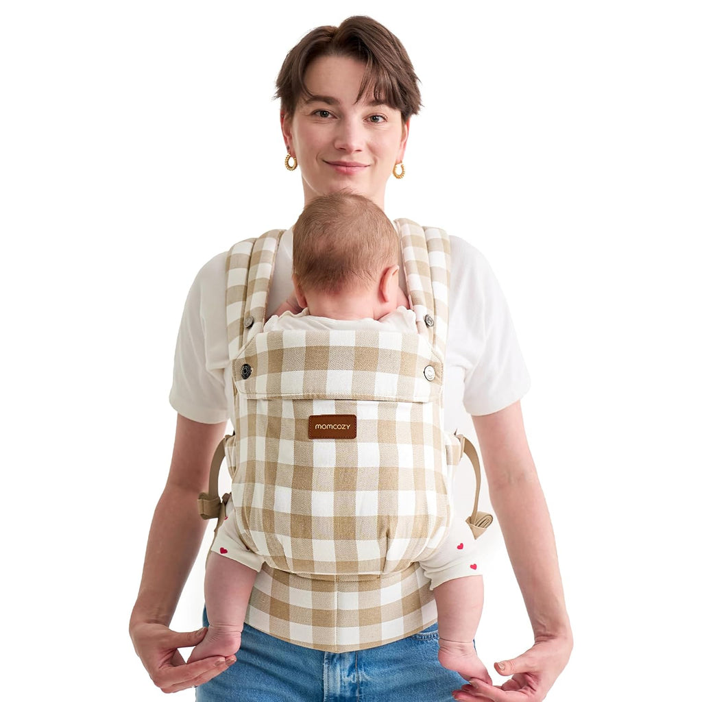 Momcozy Baby Carrier with Natural Cotton Linen, Built to Last, Ergonomic Design, Lightweight and Comfortable, Hands-Free for Moms&Dads, Brown Checkerboard