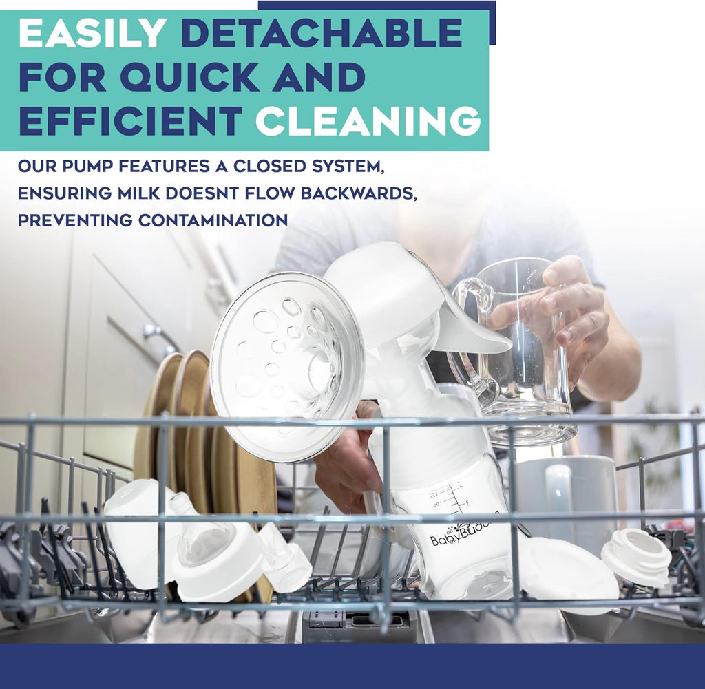 BabyBuddha Manual Breast Pump, Single Hand Expression Breastmilk Pump, Cordless and Portable, No Batteries or Power Needed, Soft Silicone Massage Cushion, BPA Free, Quiet, Dishwasher Safe, 1 Pack