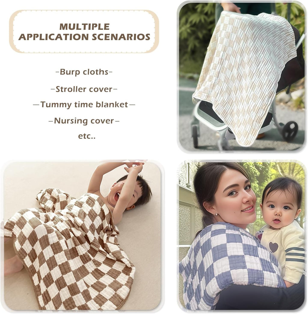 Ultra Soft Checkered Muslin Baby Blanket Pack of 2 Cotton Swaddles Bed Blankets for Babies and Toddlers Boys Newborn 42 x 42 inches (Blue and Coffee)