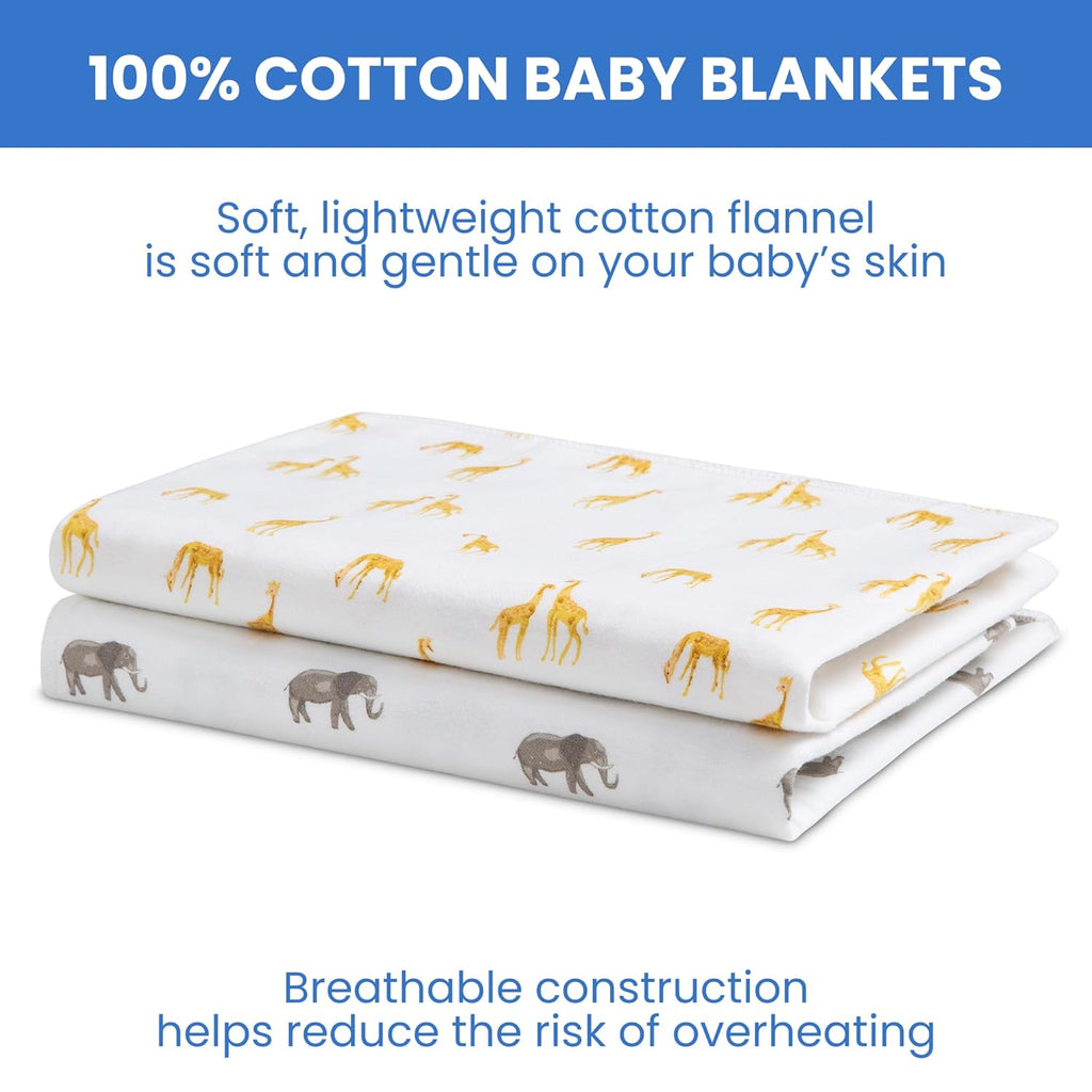 Delta Children 100% Cotton Flannel Baby Receiving Blankets for Girls and Boys – 30x30 Inches (Pack of 2), Safari Friends