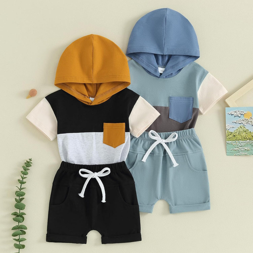 Toddler Baby Boy Summer Hooded Outfit Contrast Color Short Sleeve T Shirt Top Elastic Shorts Summer Clothes Set