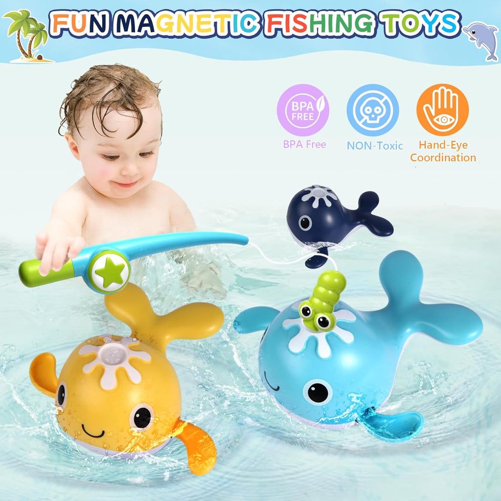 Baby Bath Toys Set, Wind Up Pool Toys for Toddlers 1-3, Kids Magnetic Fishing Toys with 1 Fishing Rod & 1 Net & 4 Brightly Colored Whales, Boys and Girls Birthday Gifts