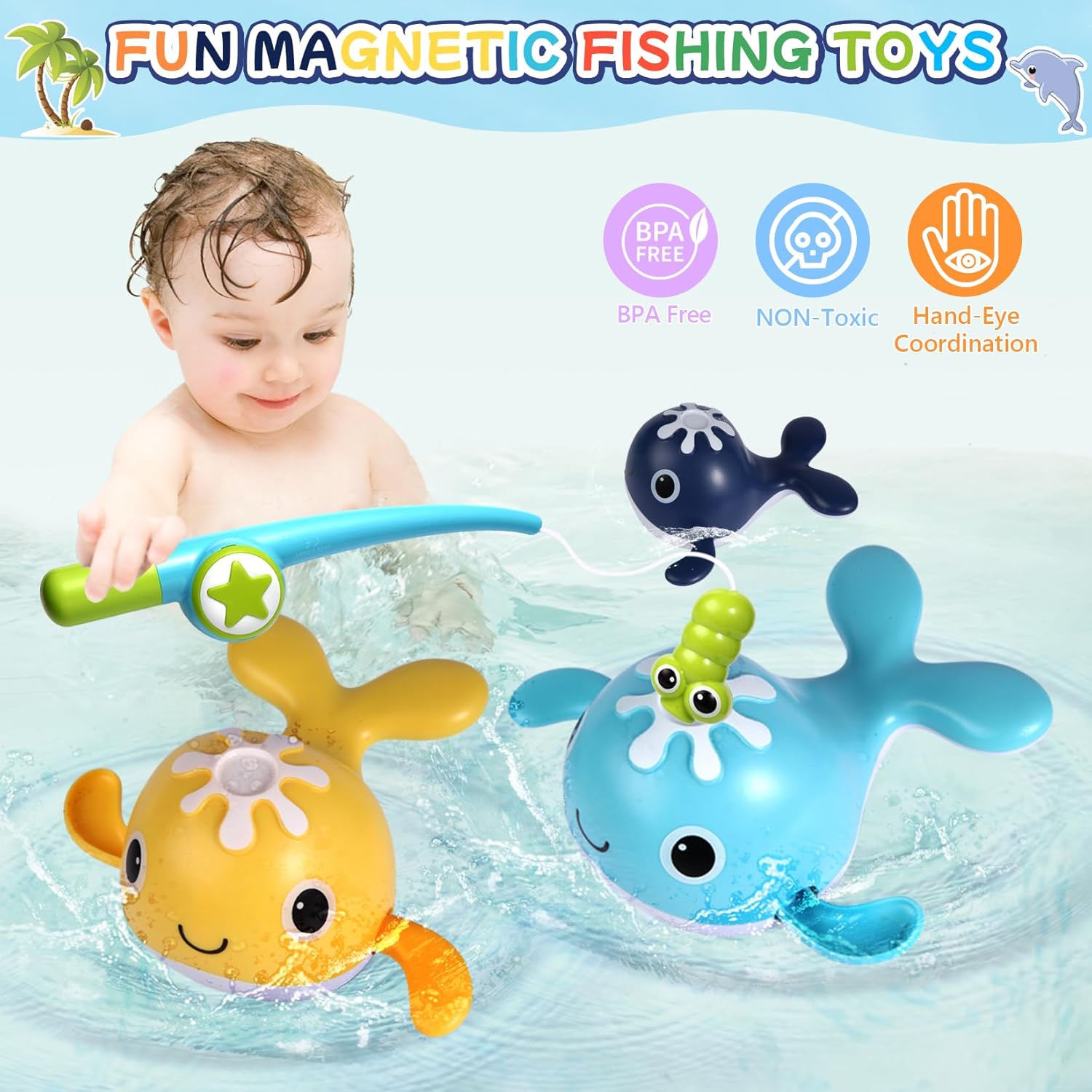 Baby Bath Toys Set, Wind Up Pool Toys for Toddlers 1-3, Kids Magnetic Fishing Toys with 1 Fishing Rod & 1 Net & 4 Brightly Colored Whales, Boys and Girls Birthday Gifts