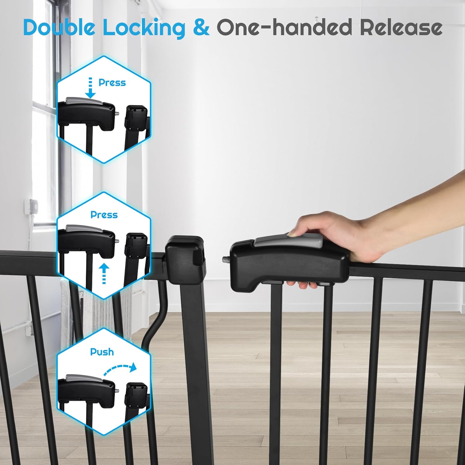 Extra Wide Baby Gate for Stairs Doorways with Door, 30" Tall 47.7-57.1" Wide Easy Install Dog Gate Indoor, Safety Metal Pressure Mounted Pet Gate with Walk-Thru Auto Close for the House, Black