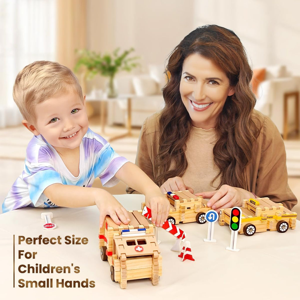 Jovi-mindly＆Notchies Wooden Blocks Train Set 101 PCS Create 40+ Shapes,Toys Educational Wooden Building Blocks Puzzles for Kids Ages 5-8 Boys and Girls,Truck/Excavator,FSC Certified,Graduate Gifts