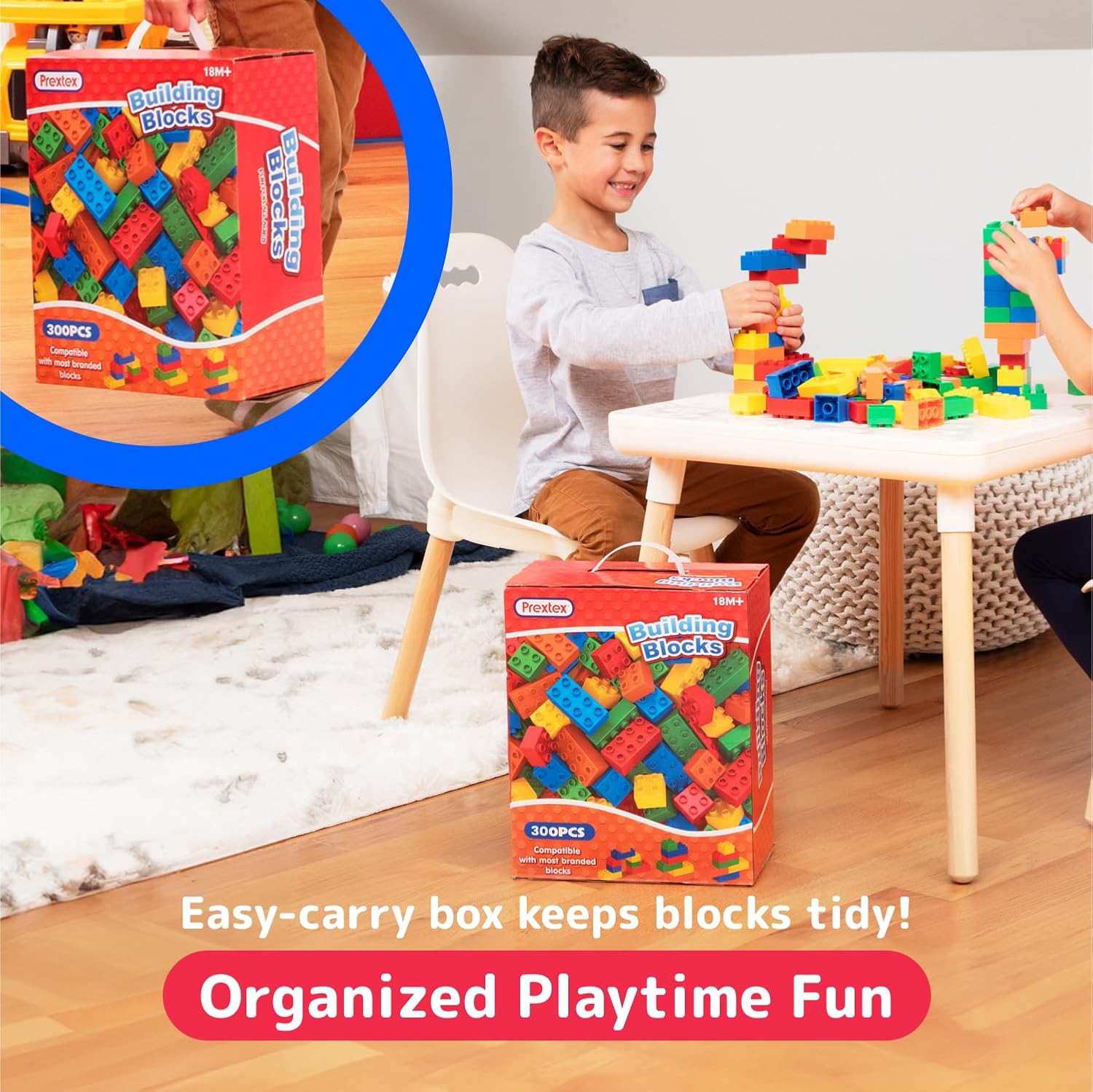 PREXTEX Building Blocks for Toddlers - 300 Jumbo Building Bricks with Carrying Box for Easy Storage - 5-Color Build Toys and Gift Set for Kids Ages 3 and Above - Compatible with Major Brands