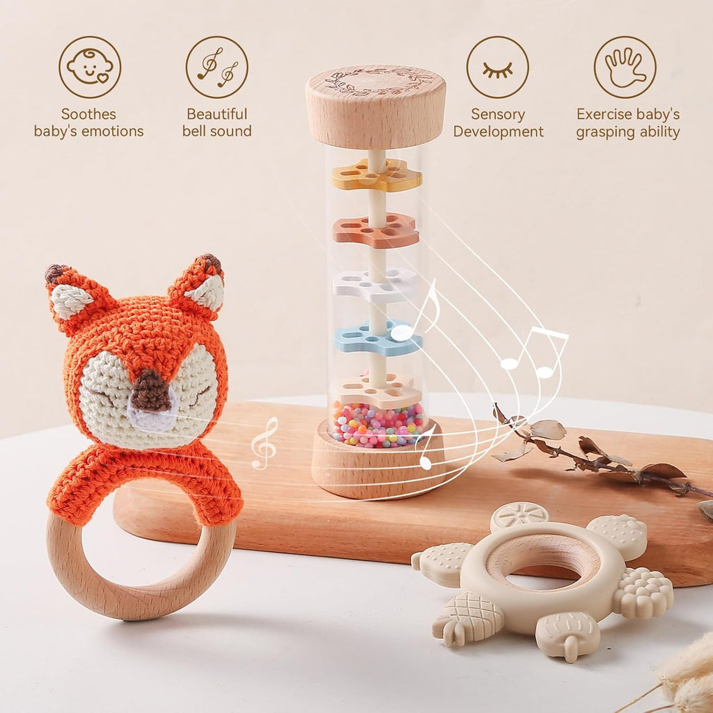 Youuys Wooden Baby Rattle Set (3pcs) - Crochet Rattle Rain Stick Teething Toys, Wooden Montessori Toy for Newborn Infant Baby Rattles Set Toys 3-6 Months (Fox)