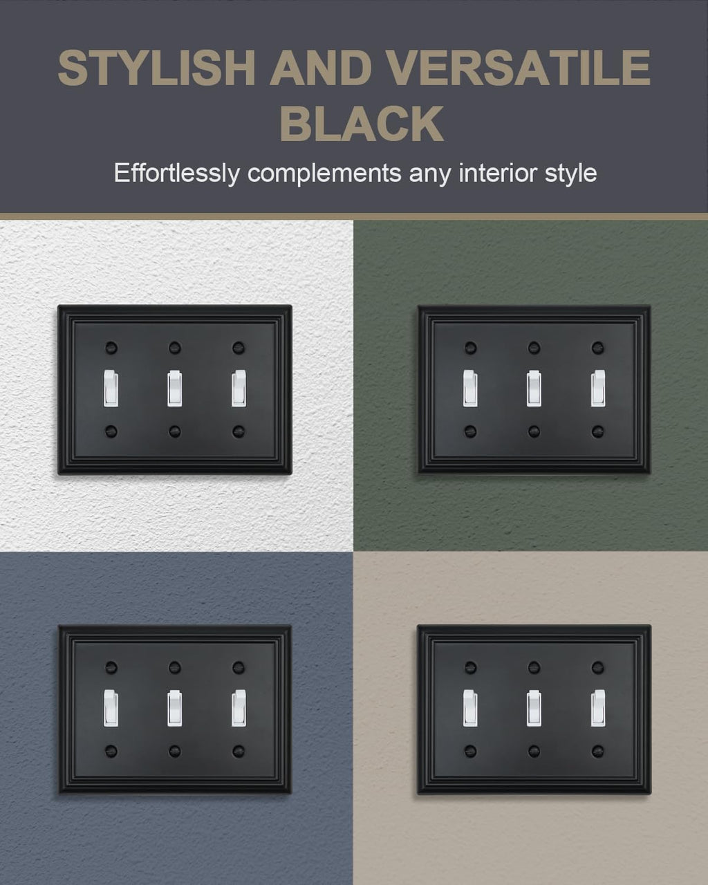 2-Pack Triple Toggle Wall Plates, Black Light Switch Covers, Decorative Switch Plate Covers, Durable Metal, 6.77''*4.88'', Midsize