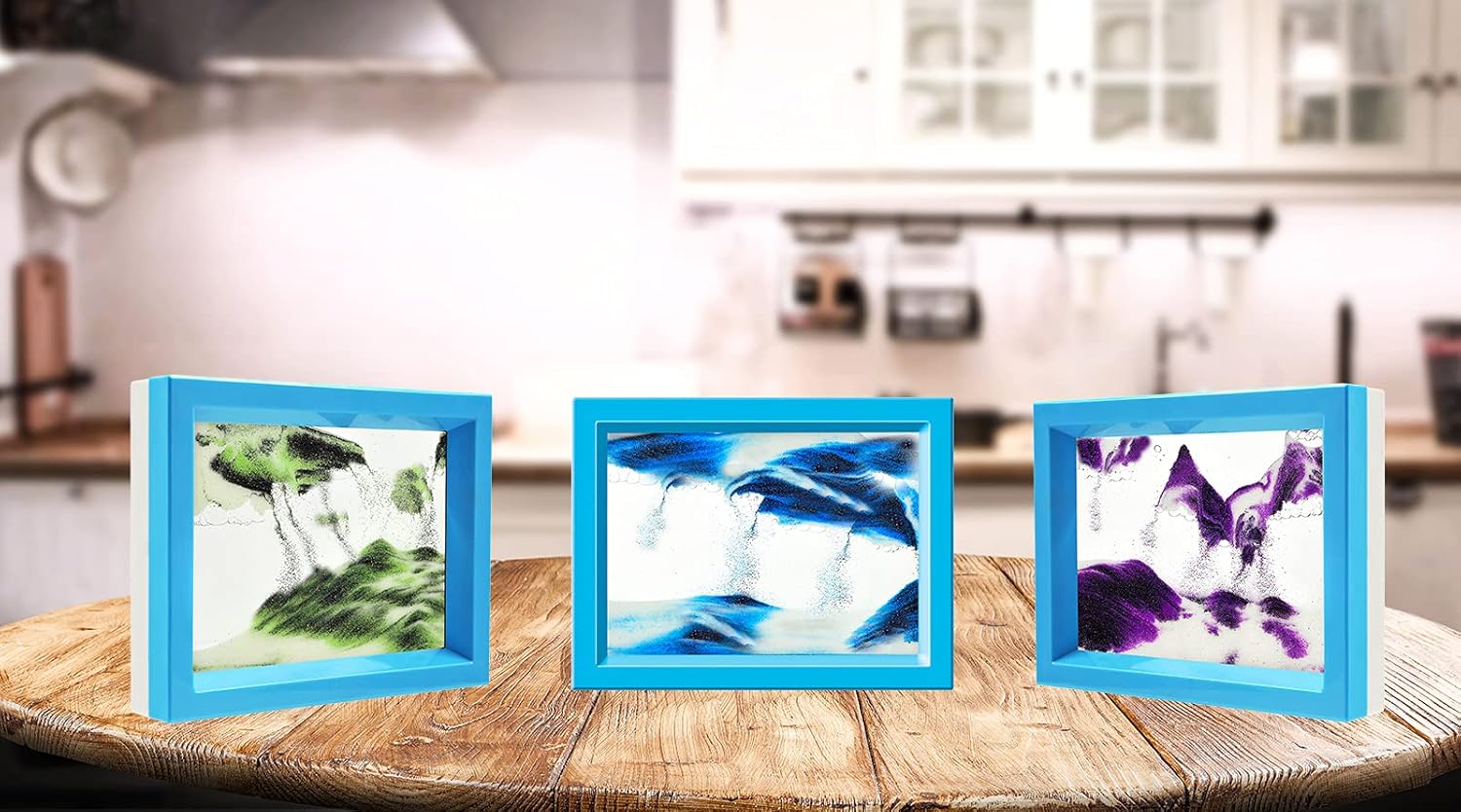 Sand Moving Sand Art, Liquid in Motion Hourglass Timer, Dynamic Sand Picture Frame for Desktop Office Home Wedding, Sensory Anxiety Fidget for Calm Relaxing (Purple White Black)