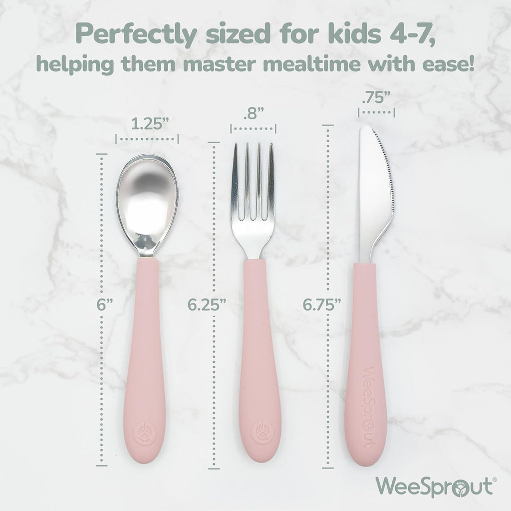 Kids Stainless Steel Utensils Set - Premium 18/8 Grade Silverware Kit - 2 Spoons, 2 Forks, and 2 Knives for Ages 4-7 - Silicone Easy-Grip Handles - Children Flatware Cutlery (Matte - Green, Blue)