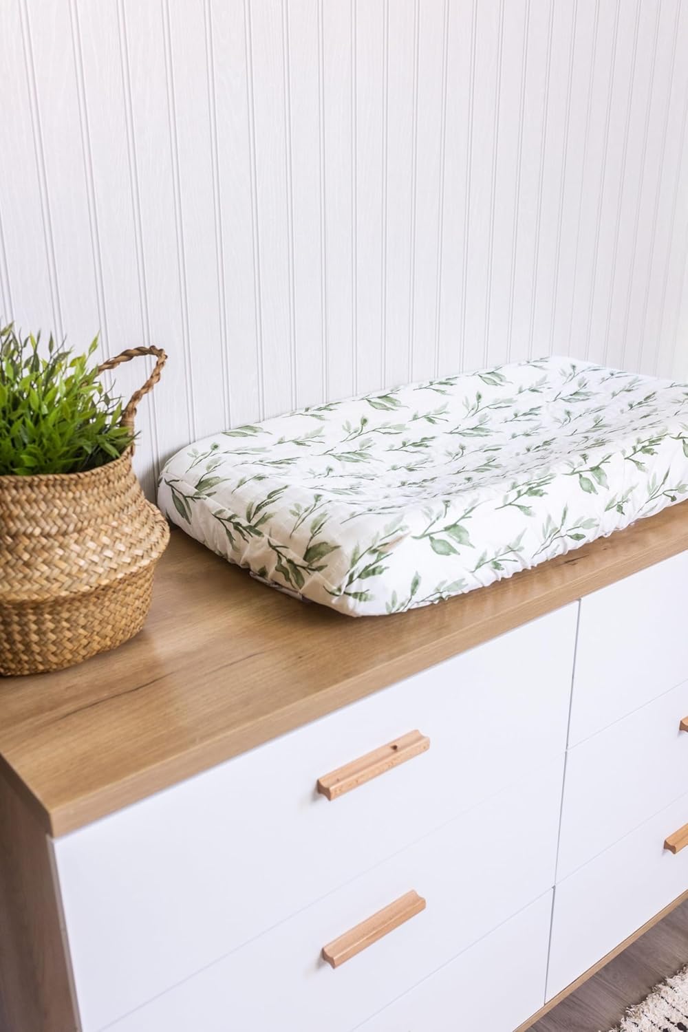 Crane Baby Green Leaf, Quilted Changing Pad Cover, 100% Cotton Sateen, 16in X 32in, Fitted with Elastic, Soft, Machine Washable, Neutral Nursery Essential