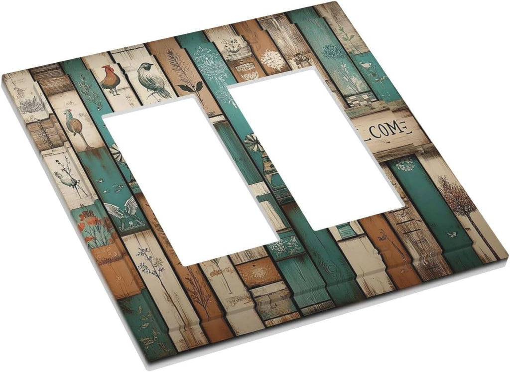 Decorative Outlet Covers Vintage Wood Brown Turquoise Splicing 2 Gang Double Gfci Rocker Electrical Wall Panels Light Switch Cover Plate For Farmhouse Cabin Decor