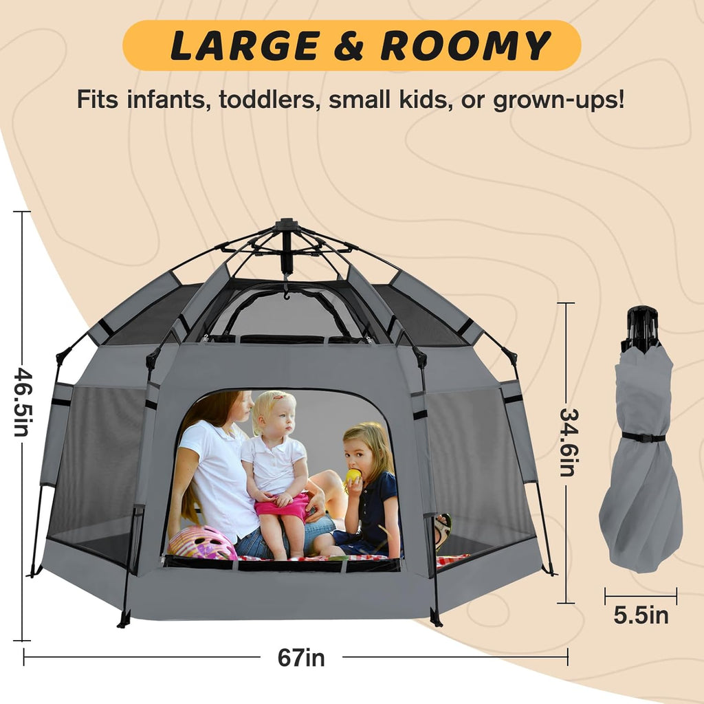 Pop Up Playpen for Babies with Canopy & Safety Lock - Outdoor Baby Playpen with 6 Ground Stakes & 6 Sand Stakes, UV Protection & Carry Bag, Instant Beach Tent for Indoor/Outdoor Use（Grey）