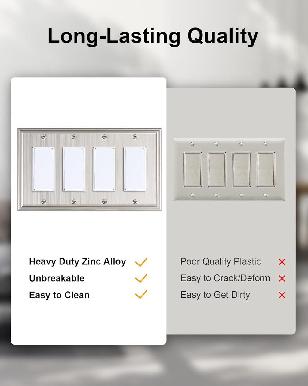 2-Pack Quad Decorator Outlet Cover Plate, Zinc Alloy Brushed Nickel Switch Plates and Outlet Covers, 4 Gang Wall Plates for Electrical Outlets, Receptacle, GFCI Outlet, Dimmer Switch