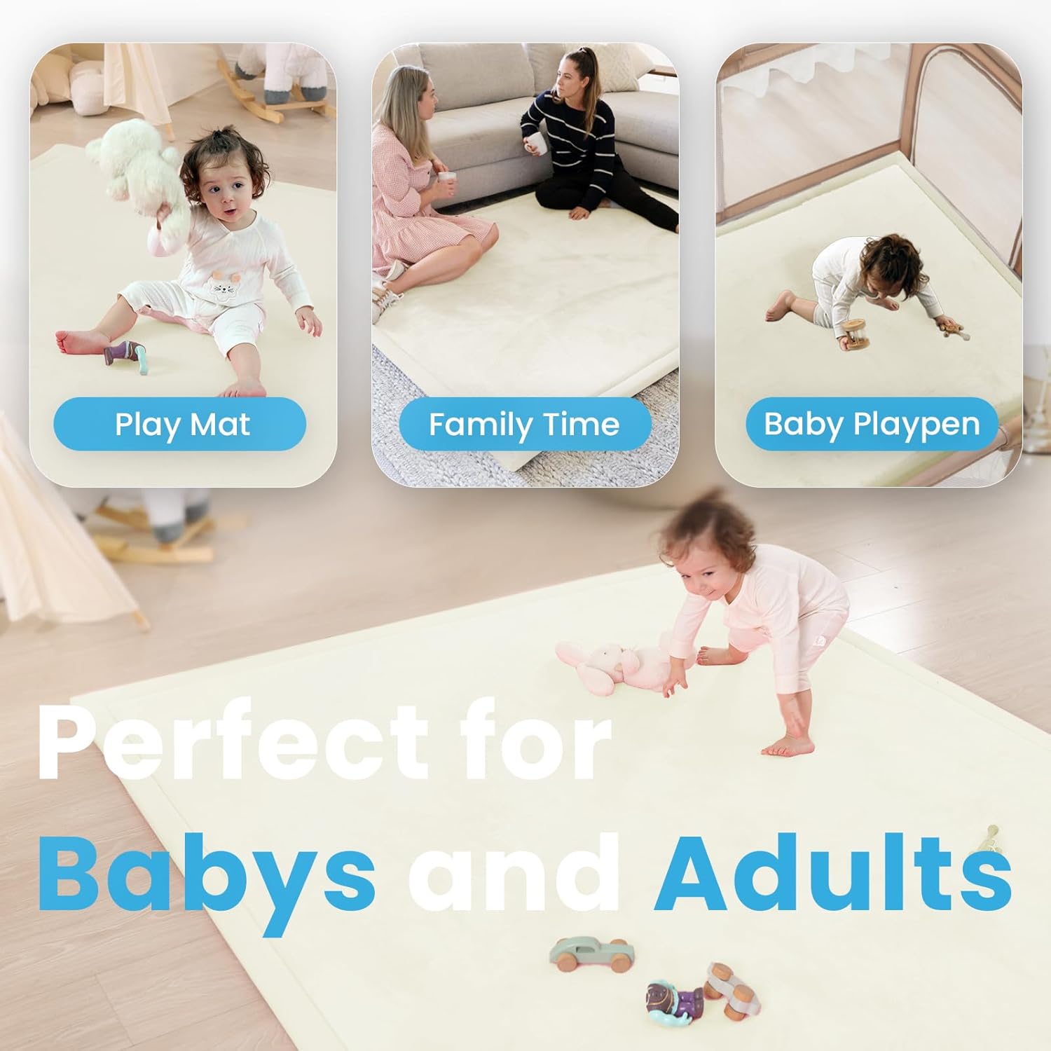 Ultra Soft Baby Play Mat,71"×79" Extra Large Activity Tummy Time Mat for Toddlers,Infants,Kids,1.3" Thick Elasti-Foam Nursery Rug for Floor,Non-Slip Safe for Crawling,Water-Repellent(Ivory)