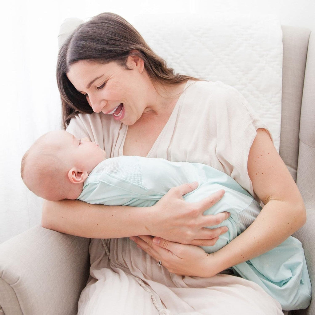 Happiest Baby Sleepea 5-Second Swaddle - 100% Organic Cotton Baby Swaddle Blanket - Doctor Designed Promotes Healthy Hip Development (Teal Stars, Large)