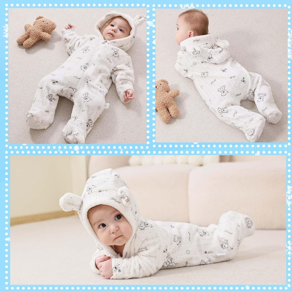 Fairy Baby Newborn Baby Bear Onesie Thin Fleece Footie Romper Snowsuit Hooded Jumpsuit Bodysuit Winter Outwear Boy Girl 0-12M