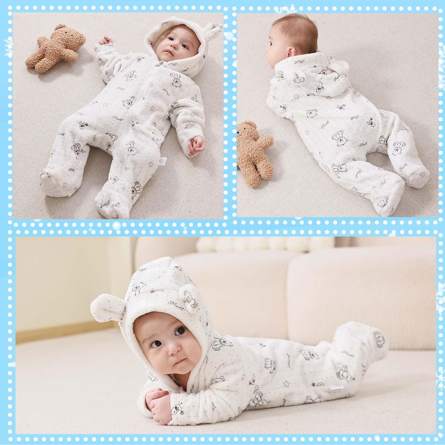 Fairy Baby Newborn Baby Bear Onesie Thin Fleece Footie Romper Snowsuit Hooded Jumpsuit Bodysuit Winter Outwear Boy Girl 0-12M