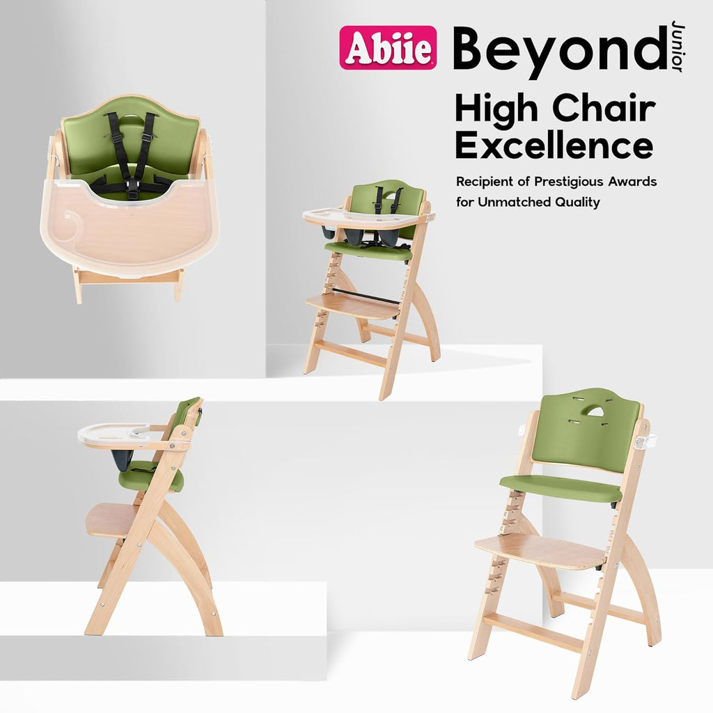 Abiie Beyond Junior Wooden High Chair with Tray - Adjustable and Convertible High Chair for Babies and Toddlers - 6 Months to 250 Lb - Water Resistant - Natural Wood/Olive Cushion