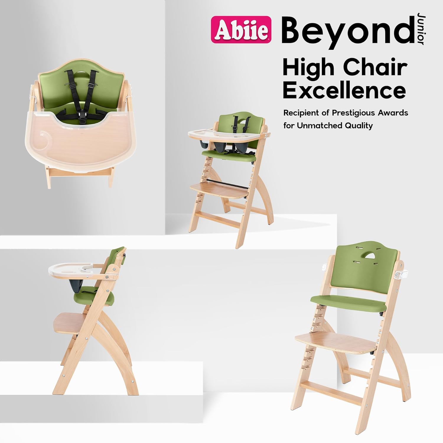 Abiie Beyond Junior Wooden High Chair with Tray - Adjustable and Convertible High Chair for Babies and Toddlers - 6 Months to 250 Lb - Water Resistant - Natural Wood/Olive Cushion