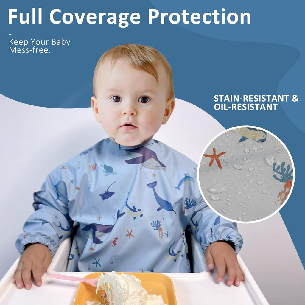 Long Sleeve Baby Bibs for Toddlers, Waterproof, Boys Girls Smock with Food Catcher Pocket for Feeding, Eating