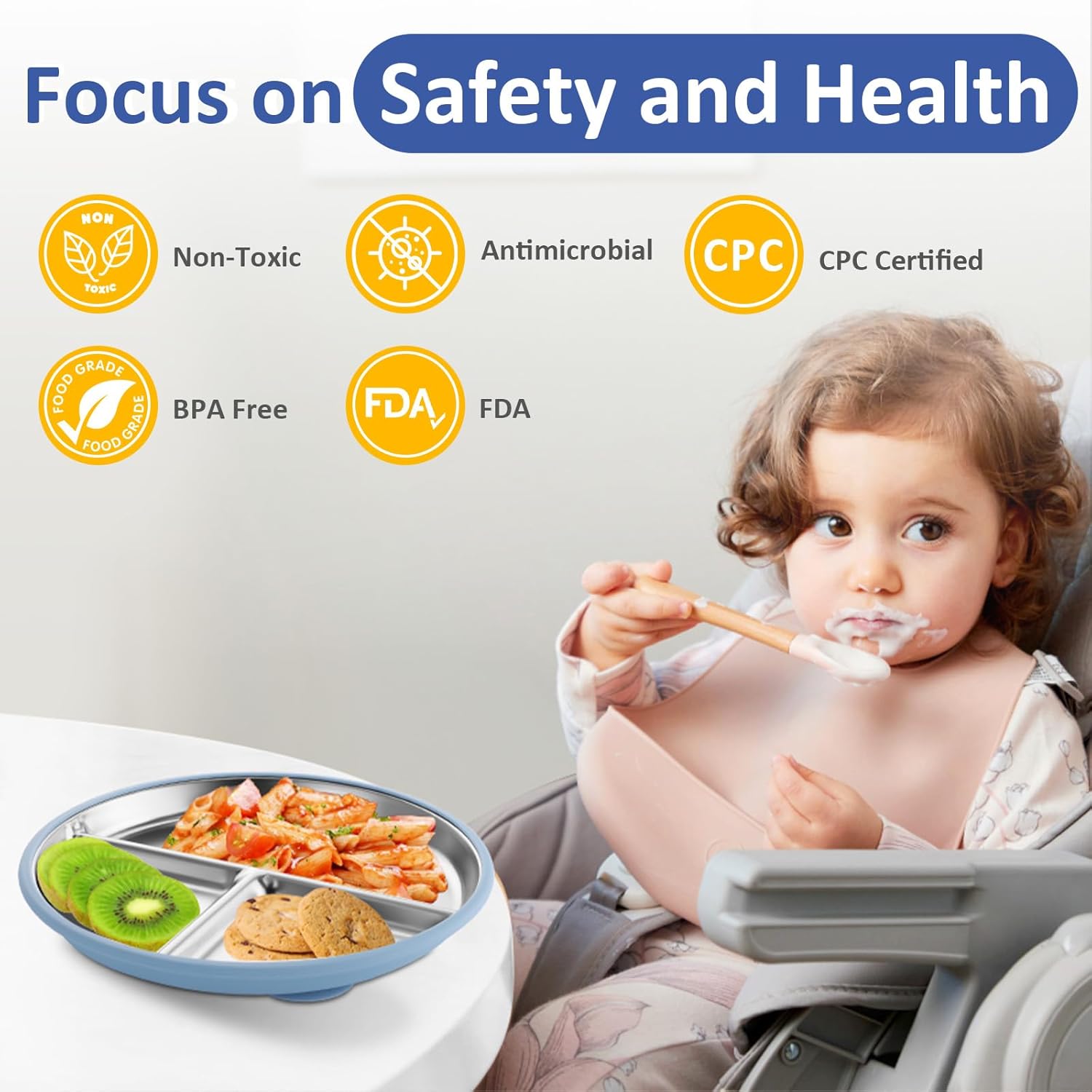 Stainless Steel Suction Plates for Toddlers, 9" Divided Kids Baby Plates with Removable Silicone Suction, Non Toxic Non Slip Portion Control Snack Dishes 3 Packs, Blue Gray Beige