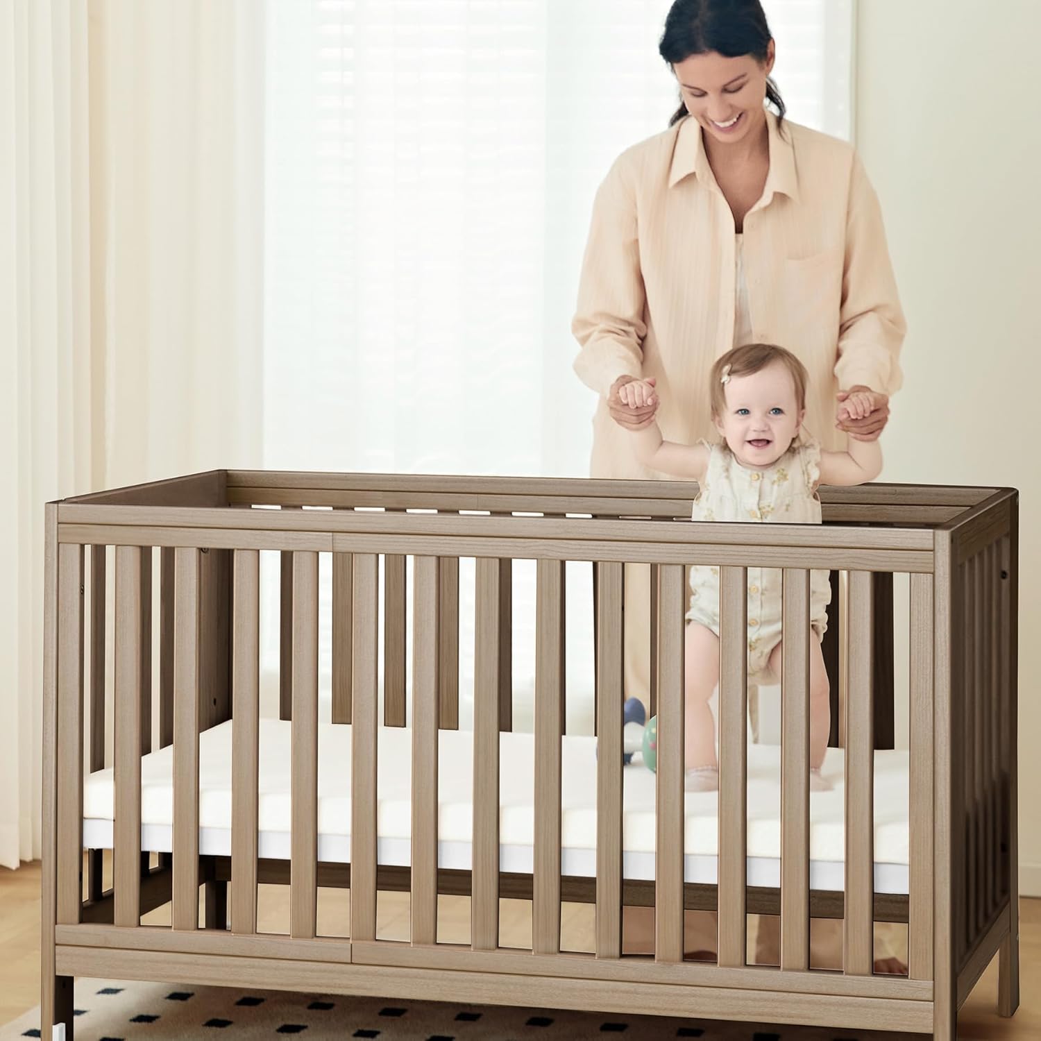 EvoNest Baby Crib, 11 in 1 Convertible Mini Crib with Wheels, 100% New Zealand Wood Growing Bed, 4 Adjustable Mattress Height ，Walnut Brown
